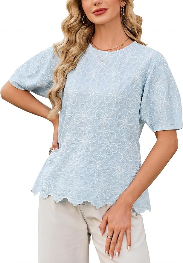 Blooming Jelly Womens Casual Tops 2026 Short Puff Sleeve Blouses Summer Embroidered Scoop Neck Sh... | Amazon (US)