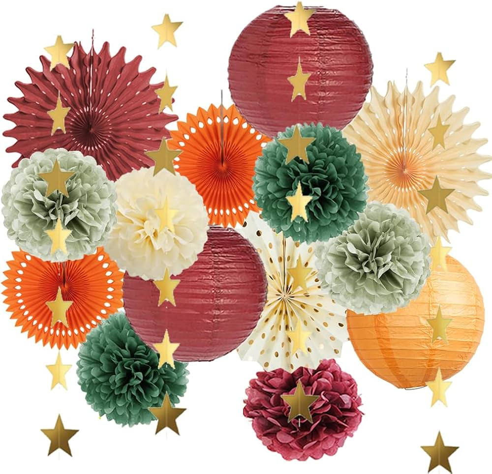 Fall Party Decorations Orange and Burgundy Party Decorations Paper Lanterns Fans Pom Poms Burgund... | Amazon (US)