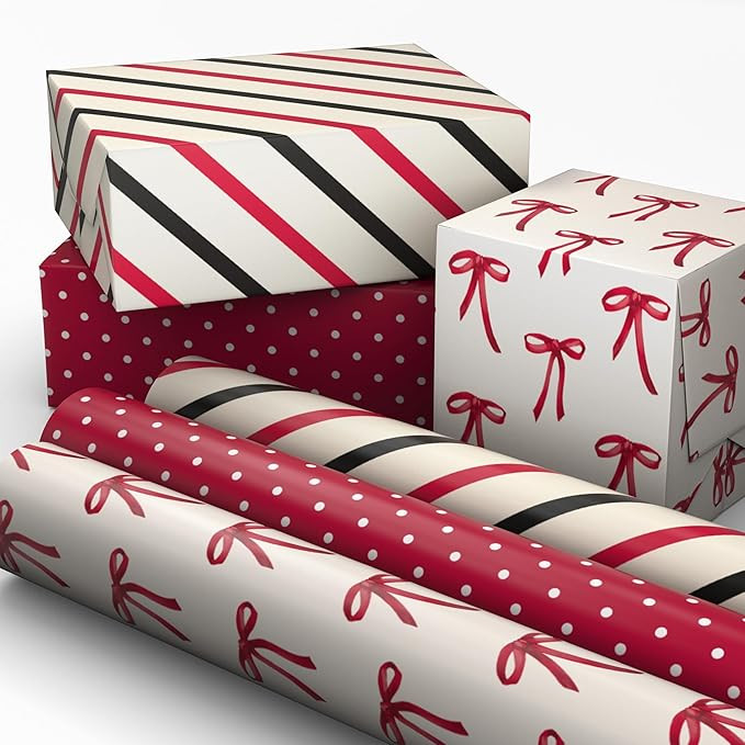 Hallmark Red and Black Wrapping Paper Mini Rolls, 3-Pack (Bows, Diagonal Stripes, Polka Dots) for... | Amazon (US)