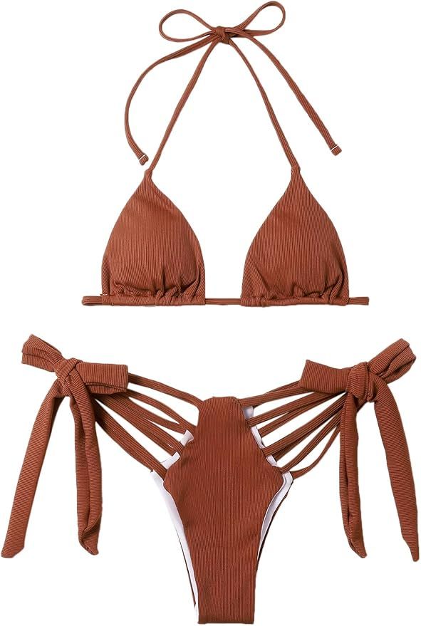 Verdusa Women's Sexy Two Pieces Halter Triangle Self Tie Bathing Swimsuit Bikini Set | Amazon (US)