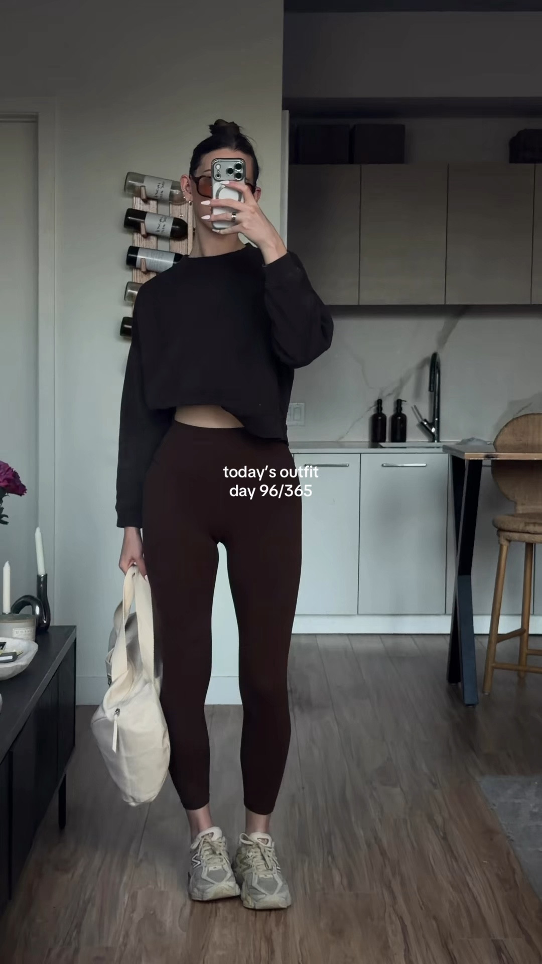 what I’m wearing today 🤎 all brown spring pilates fit
day 96 of 365 days of outfits 

@Gap chocolate brown crewneck sweatshirt 
@athluna brown workout set 
@New Balance 9060 chunky sneakers 
@437 canvas tote bag 
@vehla chunky brown tortoise sunglasses 

#ootd #everydaylook #dailystyle #styleinspo #springoutfitideas  

#LTKootd #LTKActive #LTKgrwm