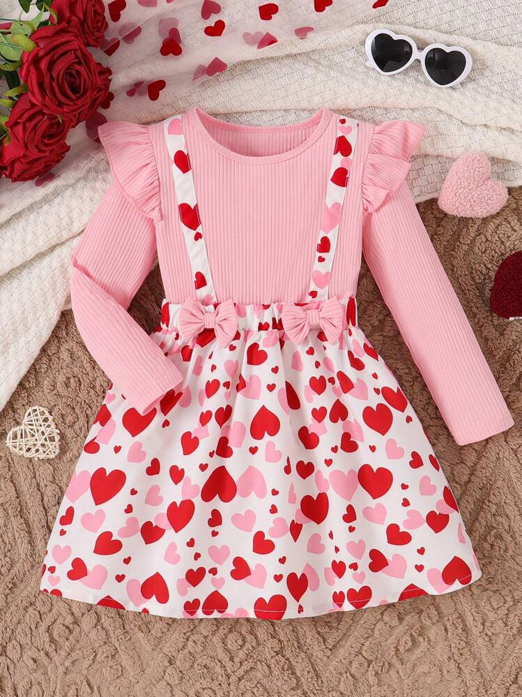 Young Girl Valentine's Day Heart Print Ruffle Bow Decor Dress | SHEIN