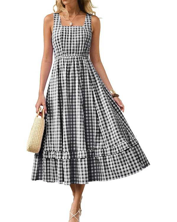 Caracilia Womens Summer Casual Gingham Plaid Midi Dress Sleeveless Square Neck Flowy Beach Vacati... | Amazon (US)