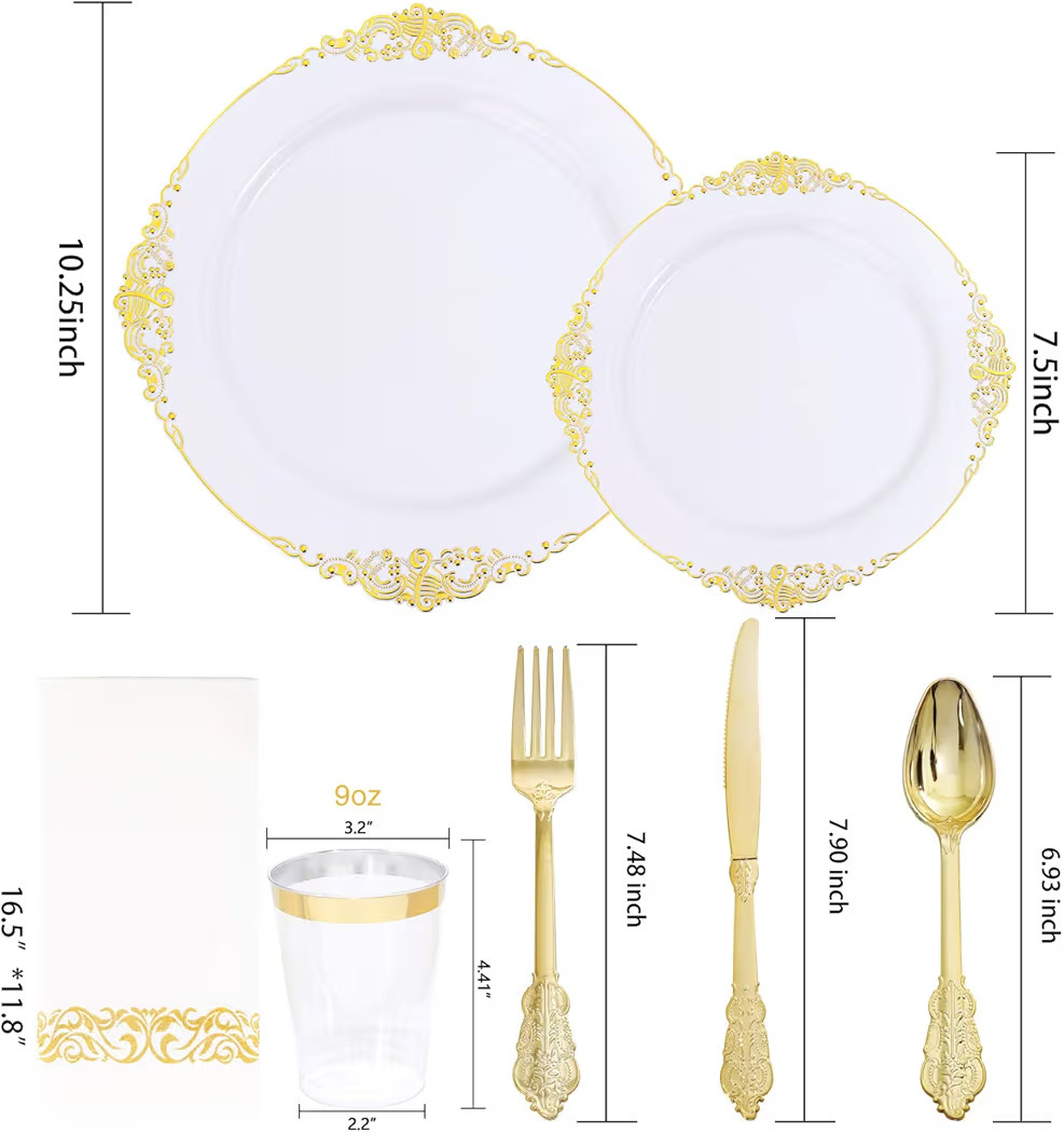 Nervure 175PCS White and Gold Plastic Plates - Disposable Dinnerware Set Include 50 Gold Plates f... | Amazon (US)