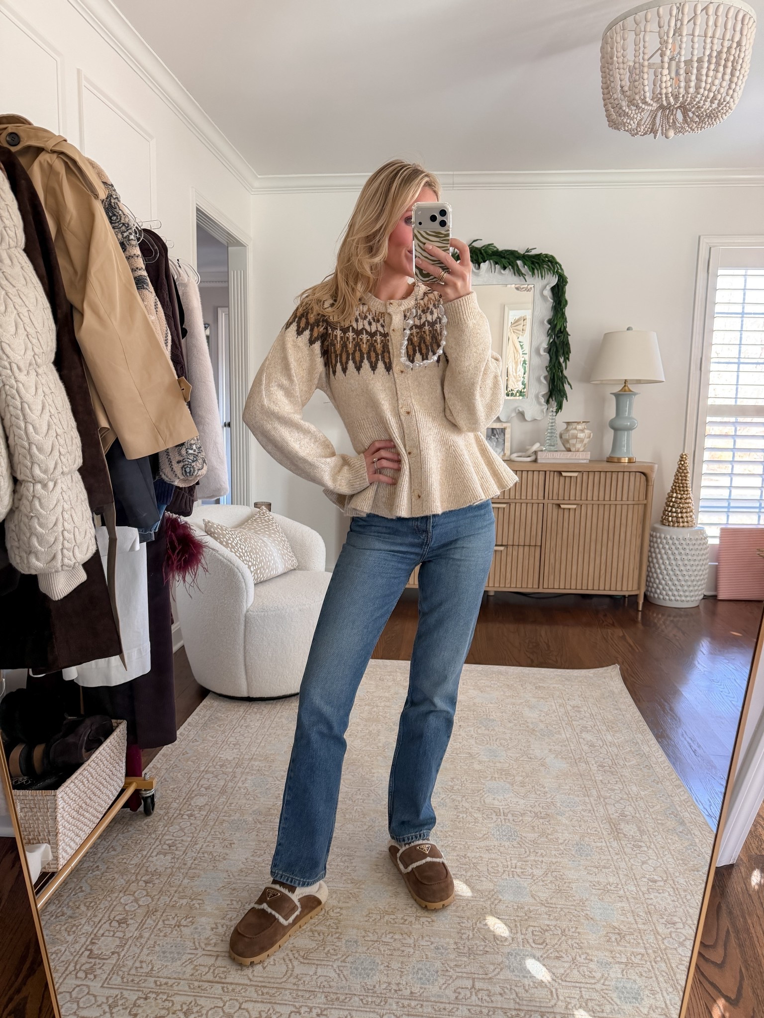 Cutie little fair aisle cardigan + denim today ❄️🧦🧸