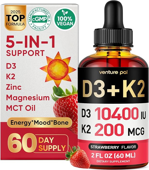 5-in-1 Vitamin D3 K2 Drops, Vitamin D3 10400 IU & K2(MK-7) 200mcg | Amazon (US)