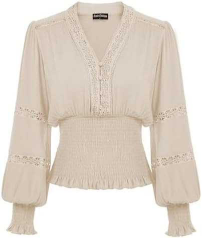SCARLET DARKNESS Renaissance Shirt Women Boho Long Sleeve V Neck Smocked Peasant Tops | Amazon (US)