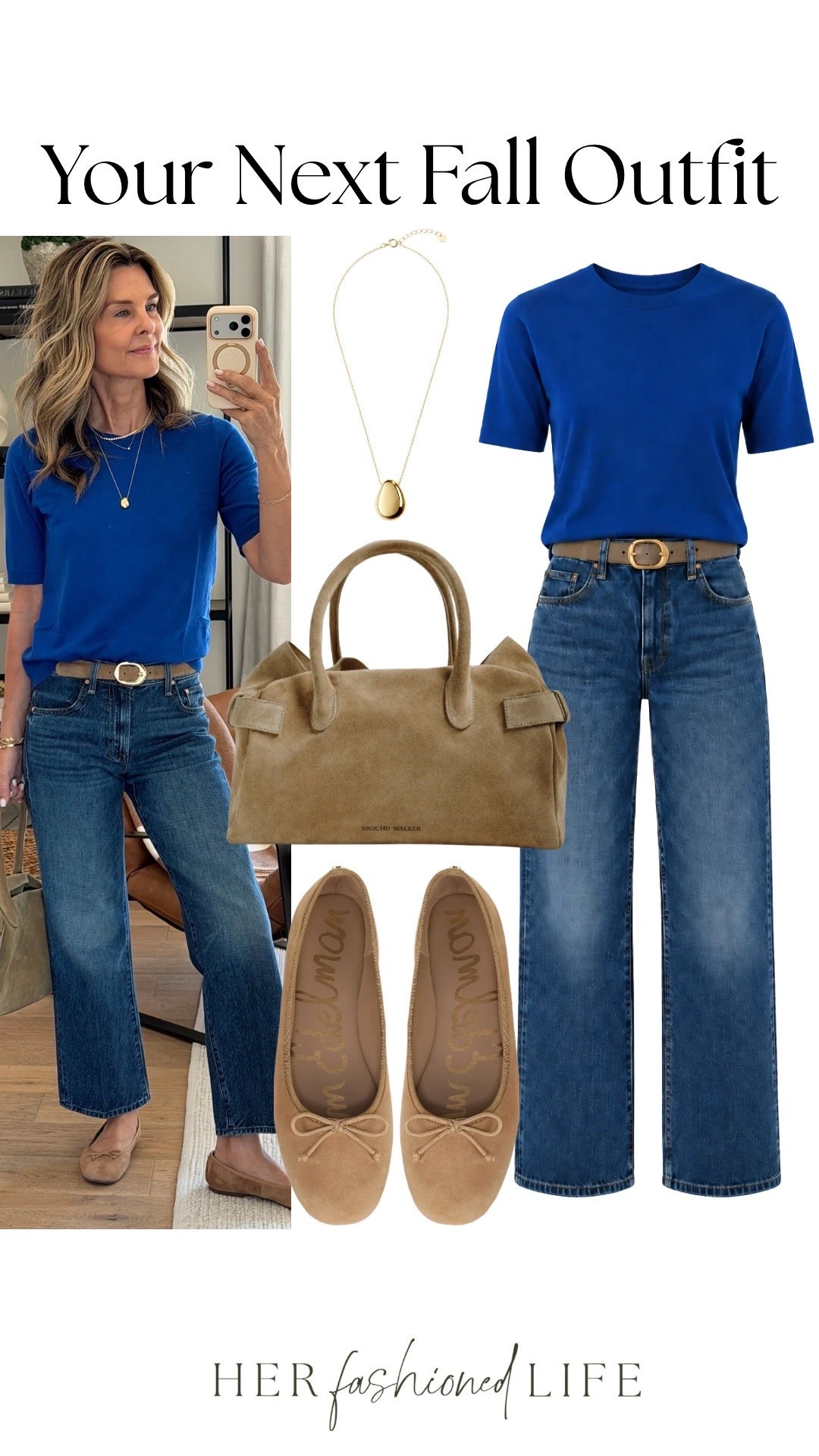 I’m 5’6”
-Blue knit sweater XS
-Jeans TTS
-suede flats TTS @samedelman

Exact top is on ShopMy