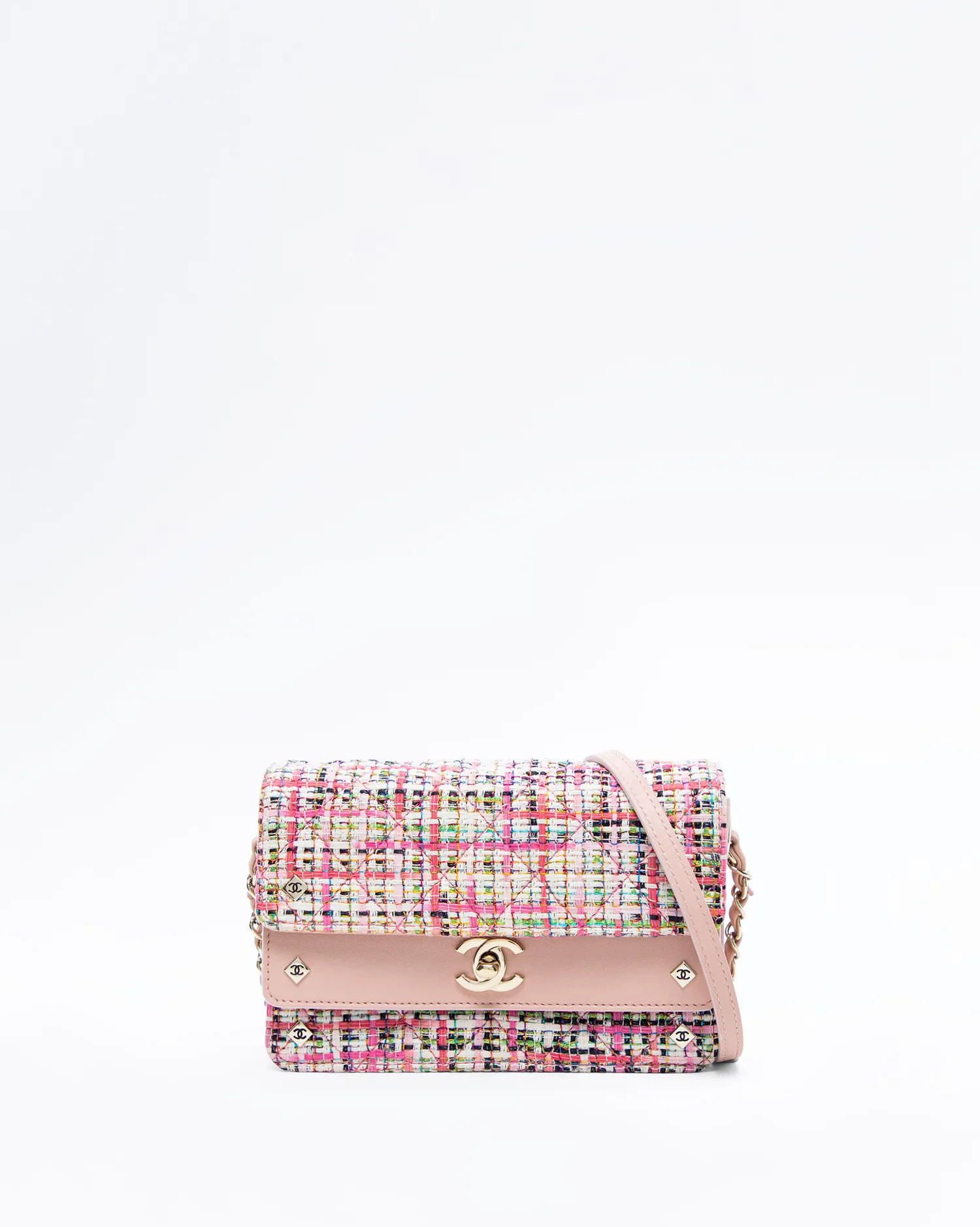 Tweed Quilted CC Stud Small Double Flap Bag | Vivrelle