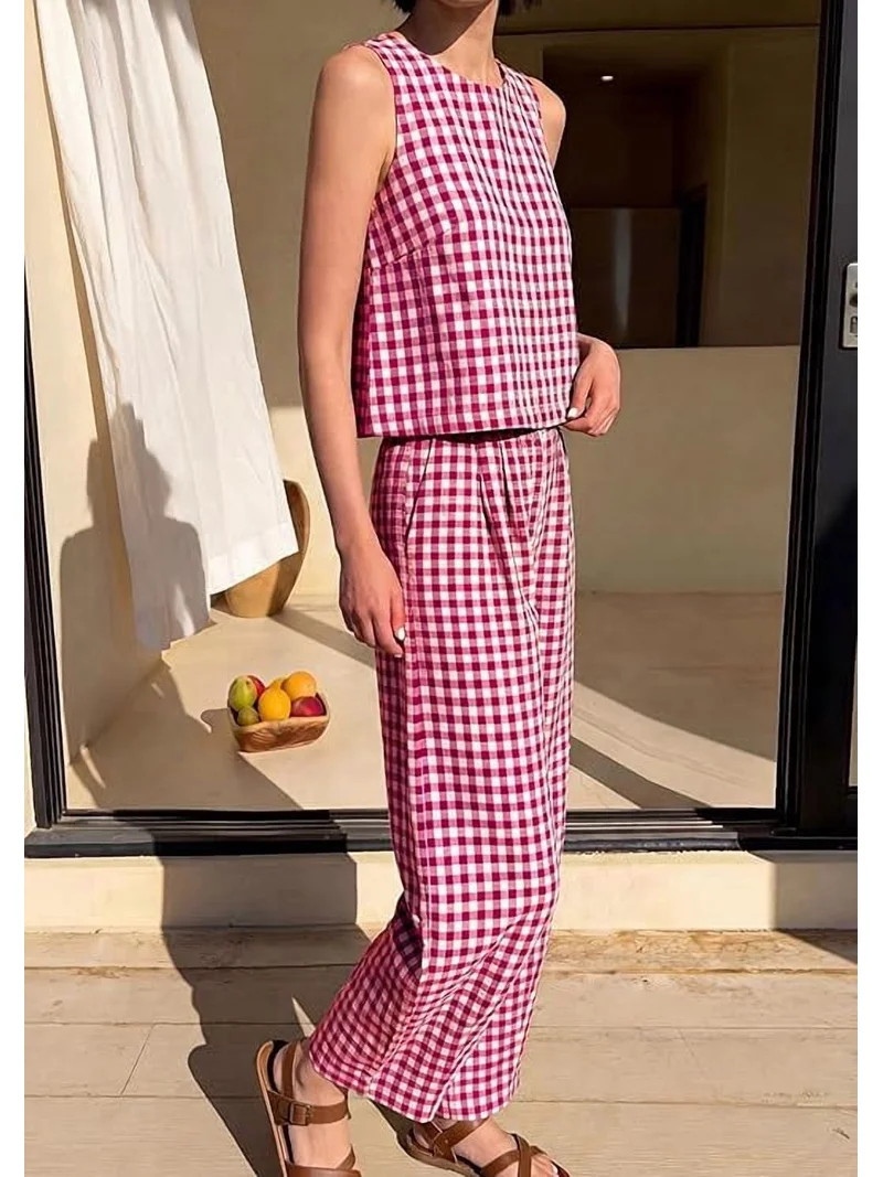PRETTYGARDEN Womens 2 Piece Sets Summer Plaid Sleeveless Tops Wide Leg Pants Matching Lounge Set ... | Walmart (US)