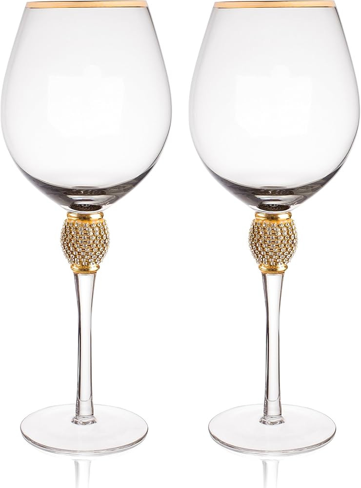 Amazon.com | Trinkware Set of 2 Wine Glasses - Rhinestone DIAMOND Studded With Silver Rim - Long ... | Amazon (US)