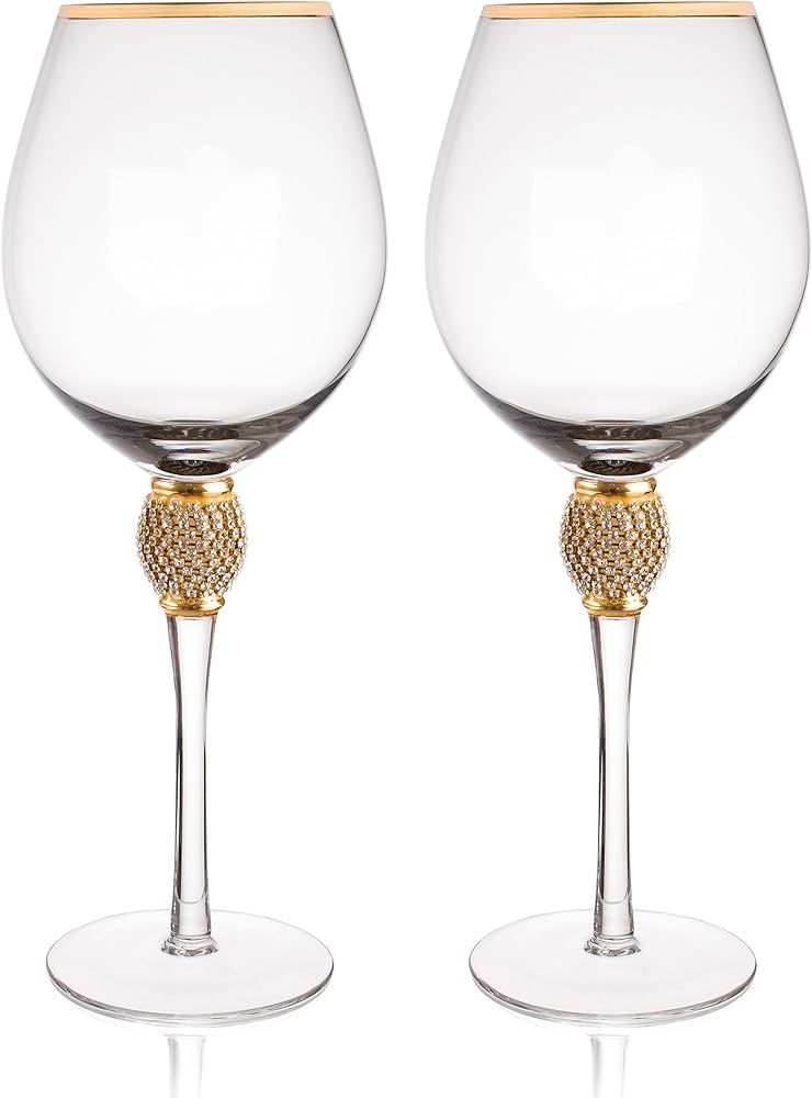 Trinkware Gold Rimmed Wine Glasses Set of 2 - Rhinestone Champagne Flutes DIAMOND Studded - Long ... | Amazon (US)