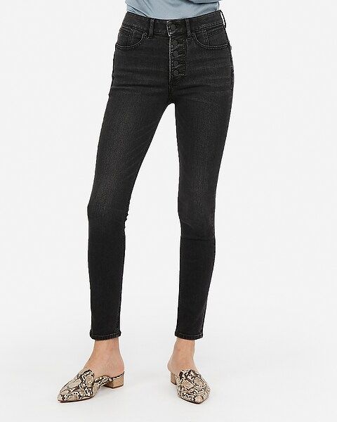 high waisted denim perfect lift black button fly ankle leggings | Express