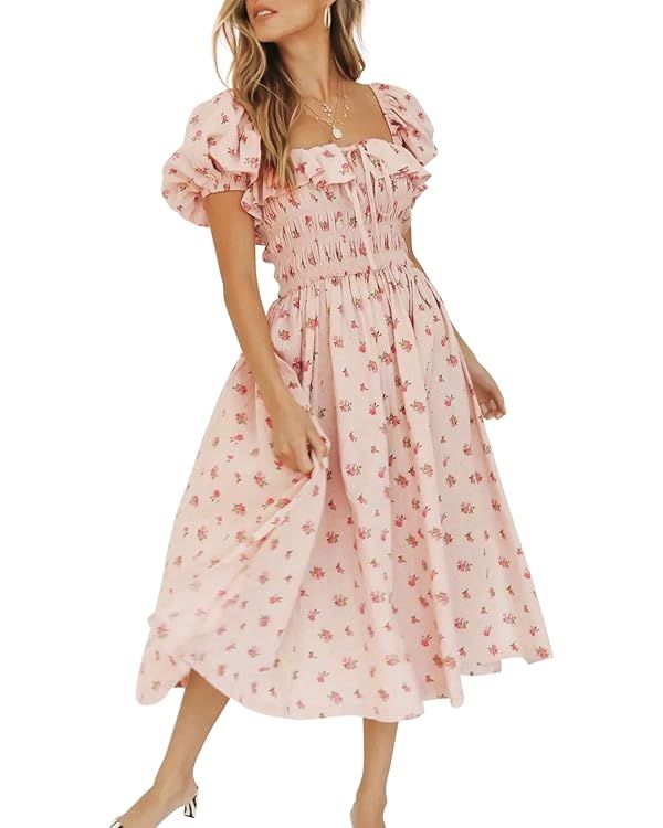 R.Vivimos Womens Summer Floral Print Puff Sleeves Vintage Ruffles Midi Dress | Amazon (US)