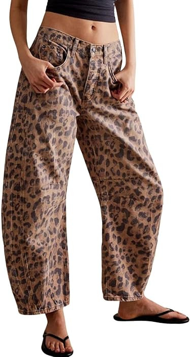 Womens Stretchy Mid Rise Barrel Jeans Vintage Loose Wide Leg Cropped Denim Pants Y2k Baggy Boyfriend Jeans | Amazon (US)