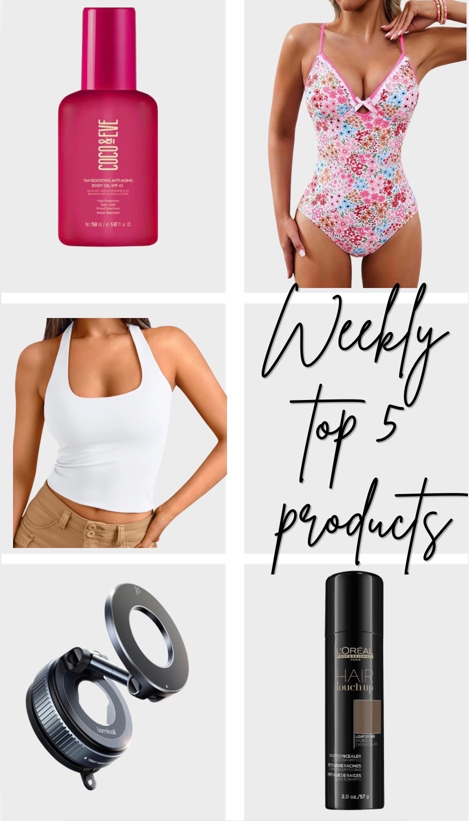 My top 5 favorites for the end of May. 
~ Anti aging SPF 45 that is so hydrating on my skin.
~ The cutest swimsuit I can’t wait to wear!
~ My favorite halter top from Amazon. 
~ Root concealer spray
~ cell phone holder that goes everywhere with me.

#LTKdayinmylife