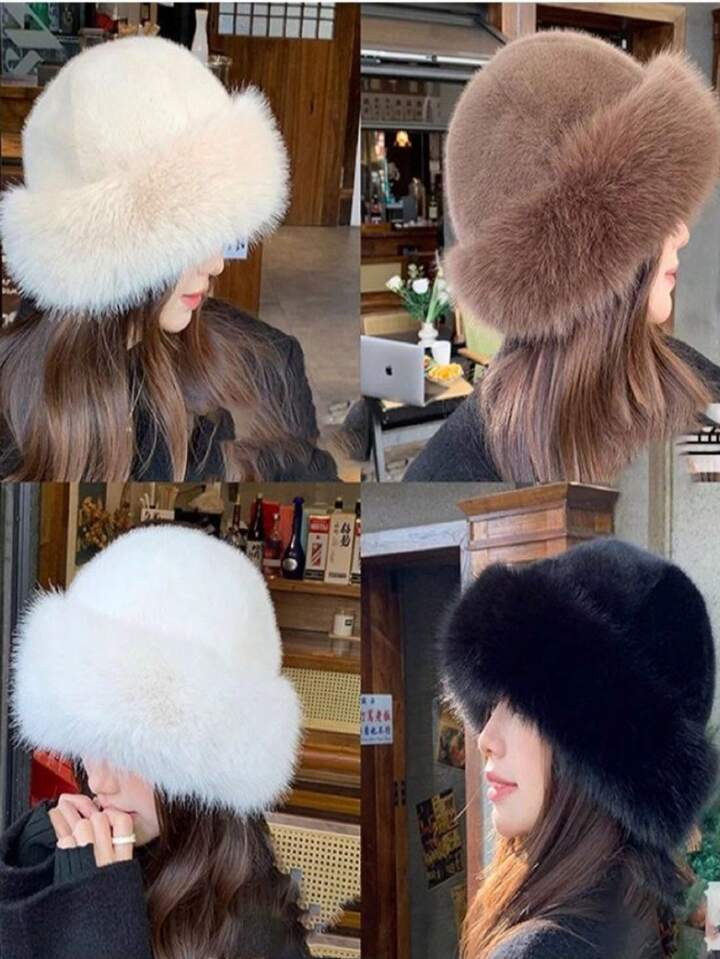 1 pièce Chapeau seau épaissi moelleux patchwork de couleur unie, chaud et moelleux, parfait pou... | SHEIN