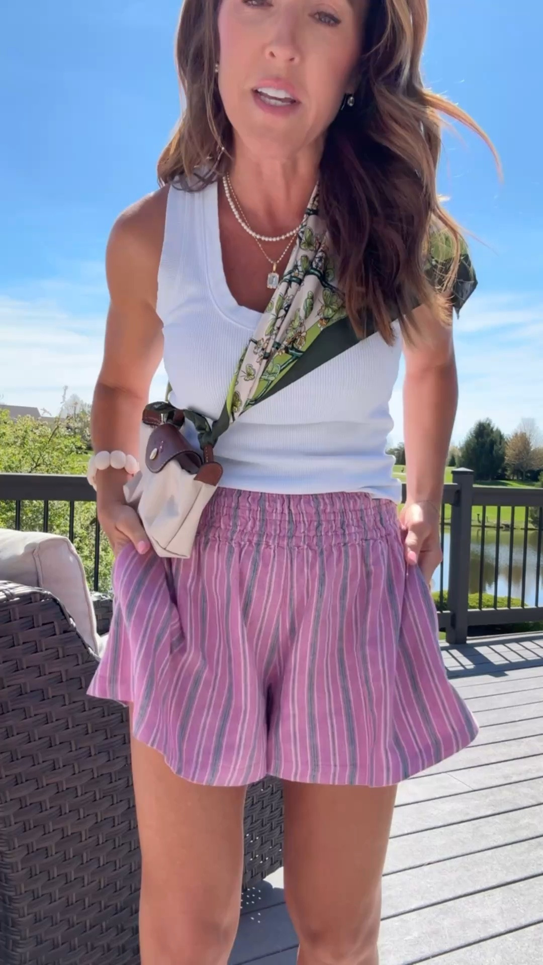 Light, breezy shorts. Linen blend. Love the green stripe. XS. 
XS tank
Necklaces - 15% off code: twopeasinablog 

#LTKmomlife #LTKSeasonal