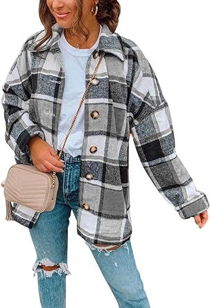 KOOBETON Women Long Sleeve Lapel Plaid Shacket Flannel Button Down Shirt Jacket | Amazon (US)