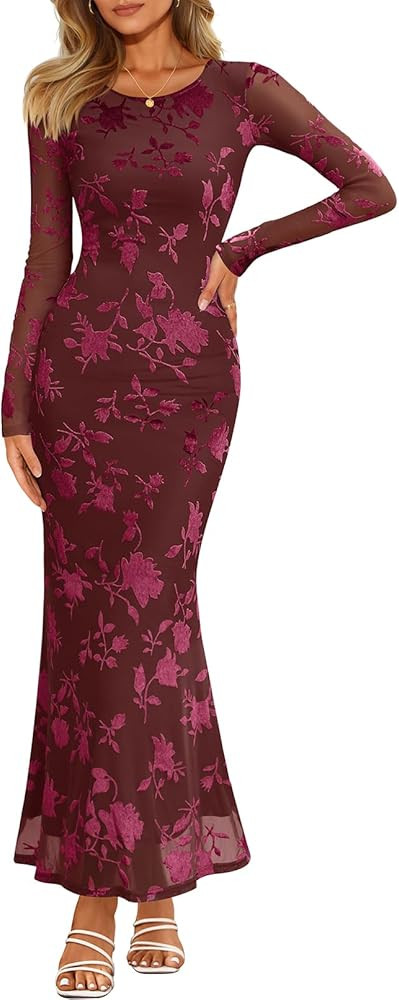 MEROKEETY Women's Fall Formal Wedding Guest Dress Long Sleeve Maxi Bodycon Floral Mesh Winter Coc... | Amazon (US)
