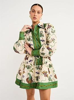 Women's Single Breasted Long Lantern Sleeve Graffiti Print Tie Up Waist Short Dress | Amazon (US)