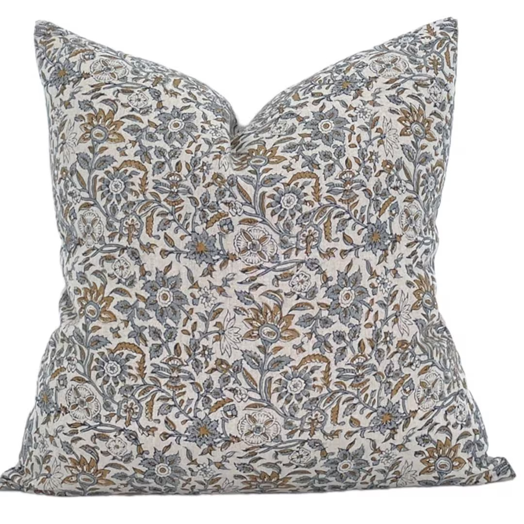 Designer visalia Kanan Floral Pillow Cover // Tan Blue Mustard Pillow Cover // Boutique Pillow Co... | Etsy (US)