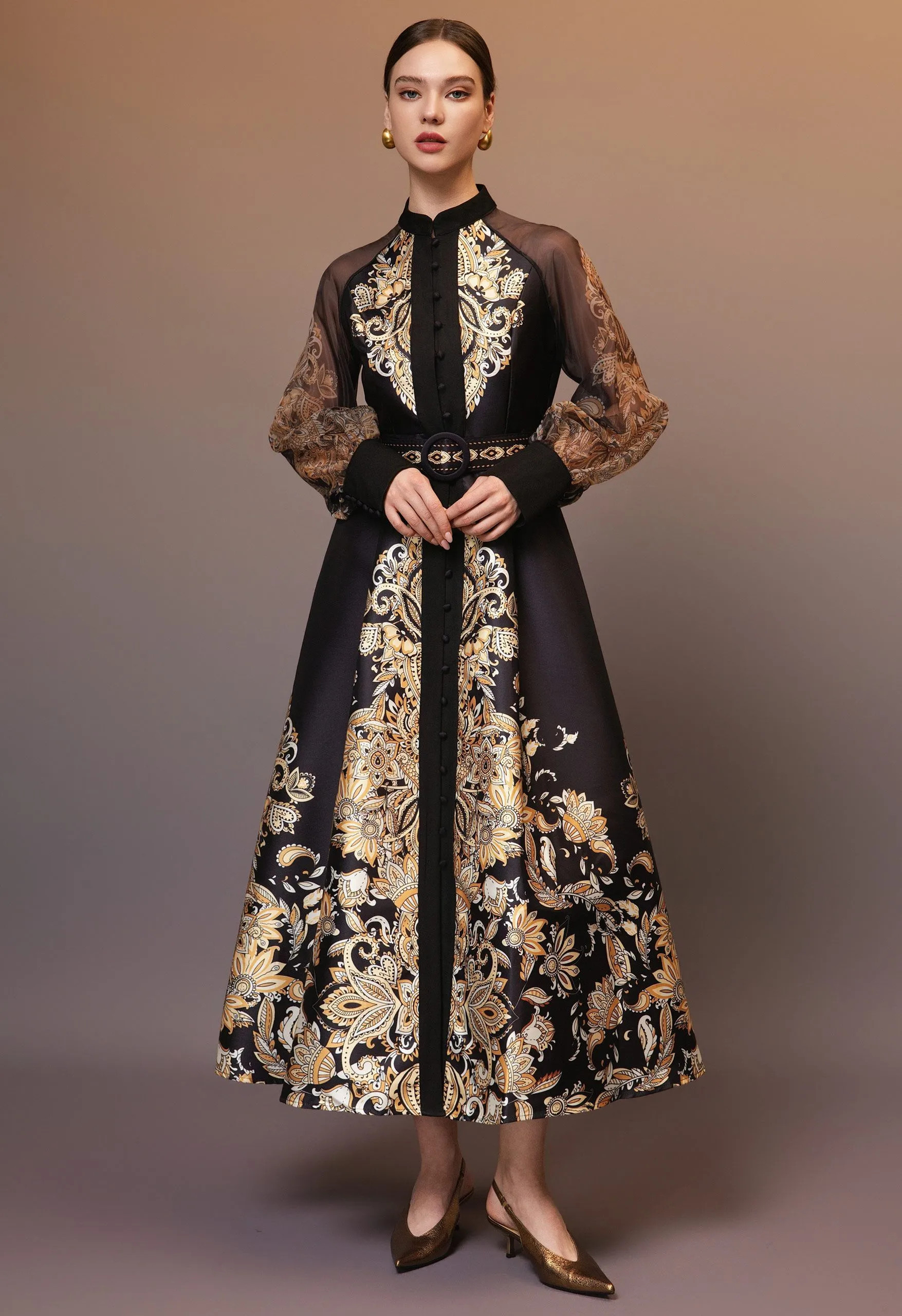 Noble Paisley Button-Up Belted Maxi Dress for Bohemian Festivals & Evening Occasions | Chicwish