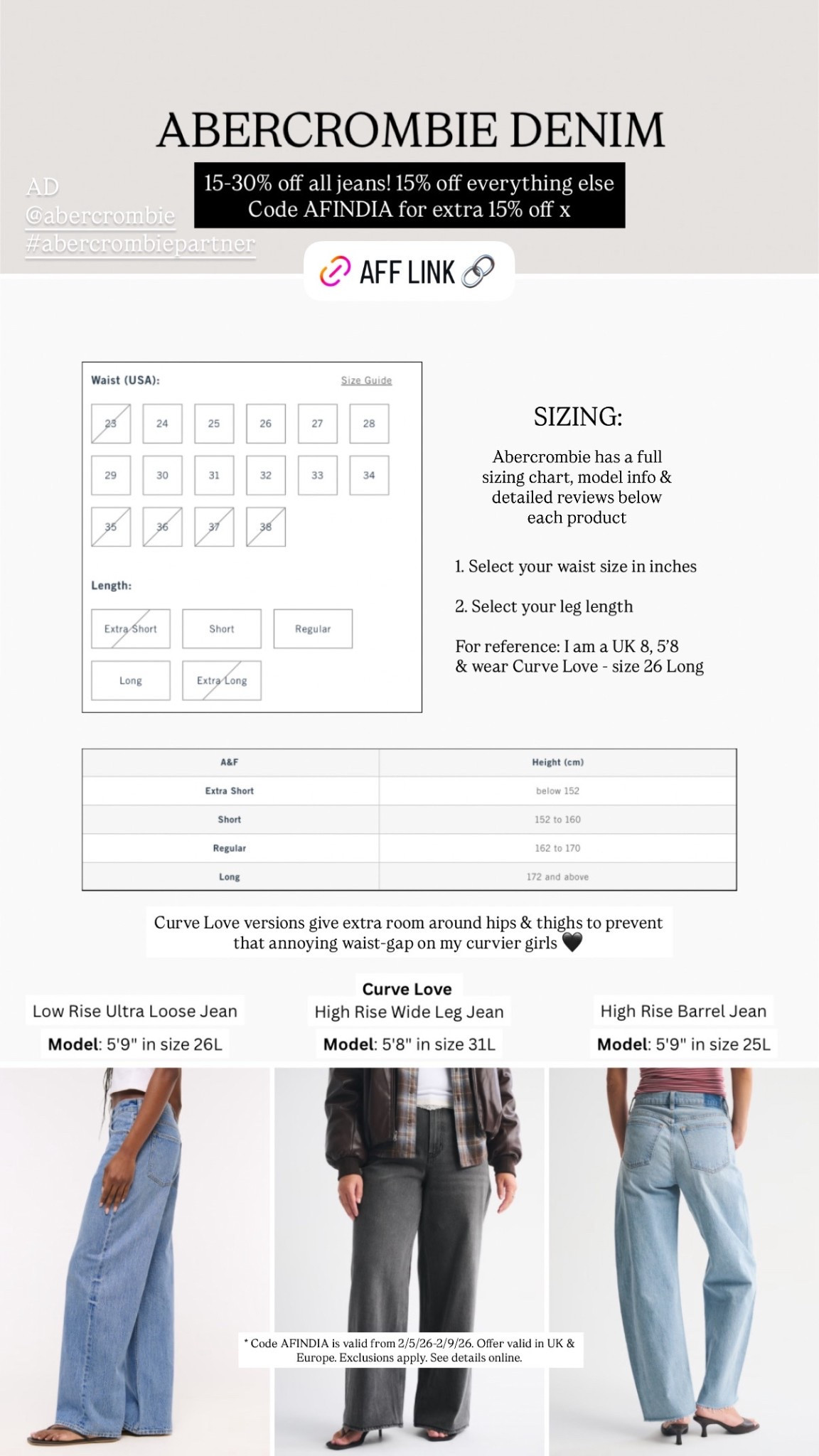 ad. @abercrombie denim sale! 15-30% off all jeans. 15% off everything else. Use my code AFINDIA for an extra 15% off 🫶🏽 #abercrombiepartner 

* Code AFINDIA is valid from 2/5/26-2/9/26. Offer valid in UK & Europe. Exclusions apply. See details online.  

#LTKeurope #LTKstyletip #LTKspring