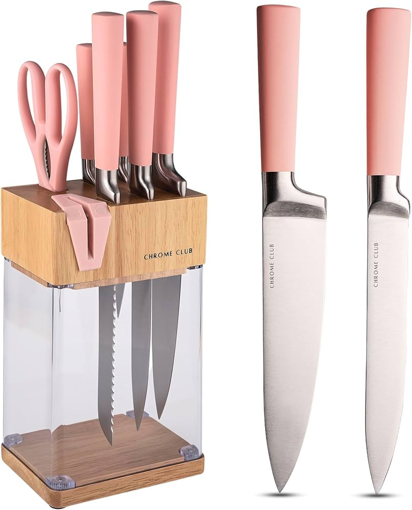 CHROME CLUB Stainless Steel Pink Knife Set with Block - 7 Piece Pink Kitchen Knife Set with Durab... | Amazon (US)
