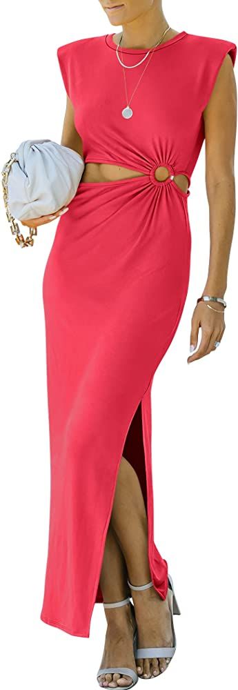 ANRABESS Women Summer Sleeveless Padded Shoulder Cutout Sexy Slim Fit Maxi Slit Dress | Amazon (US)