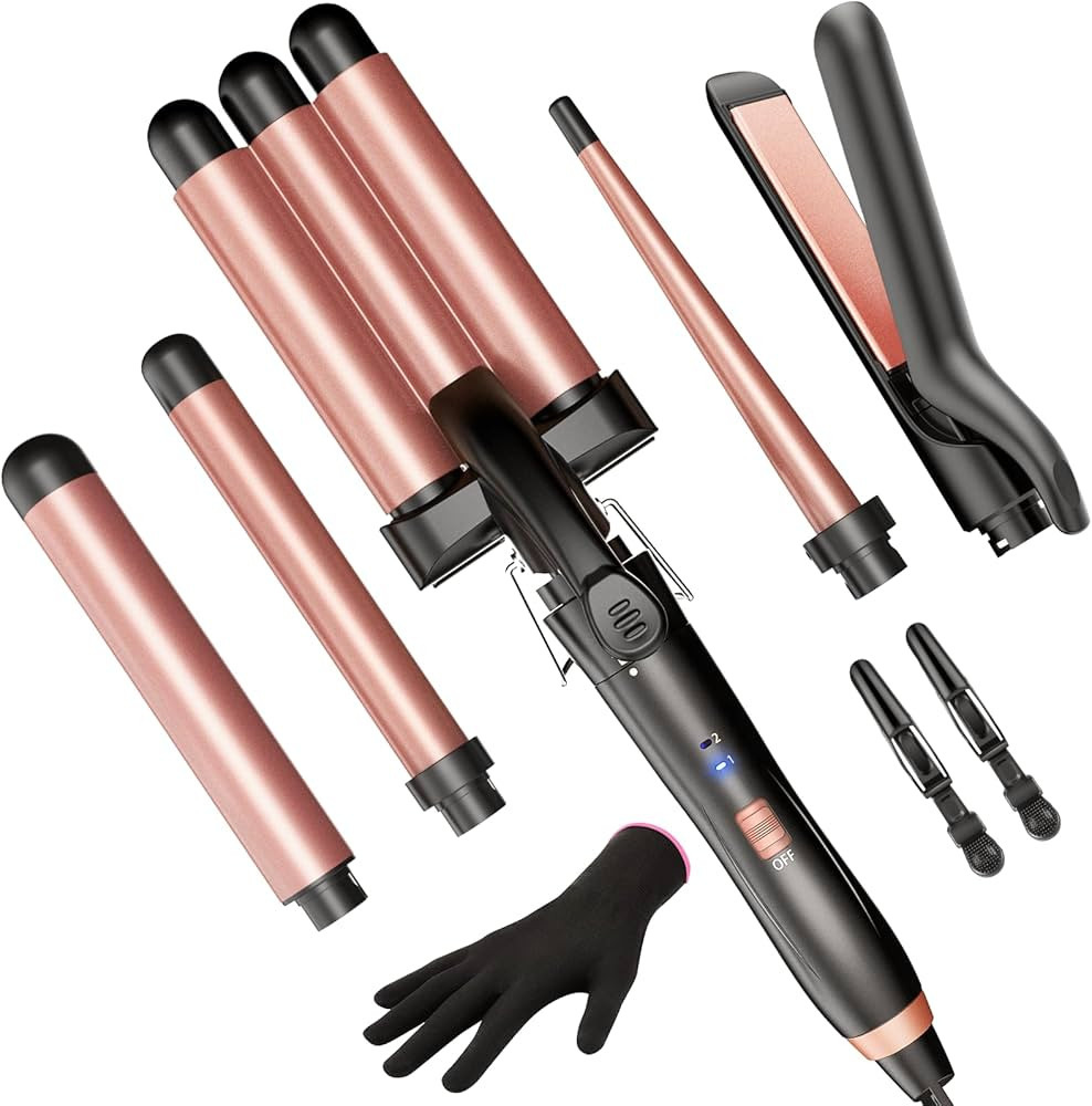 5 in 1 Wand Curling Iron-Kinked Curling Wand Set with Flat Iron Hair Straightener, 3 Barrels Hair... | Amazon (US)