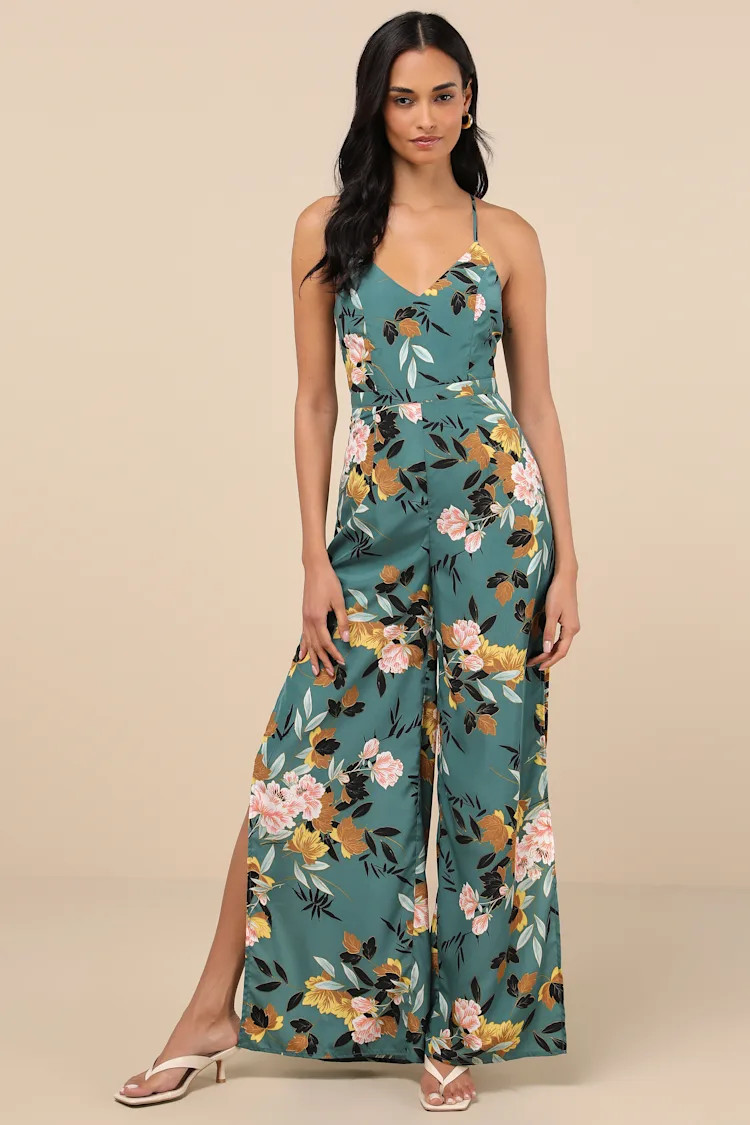Beautiful Blooms Teal Green Floral Print Wide-Leg Jumpsuit | Lulus