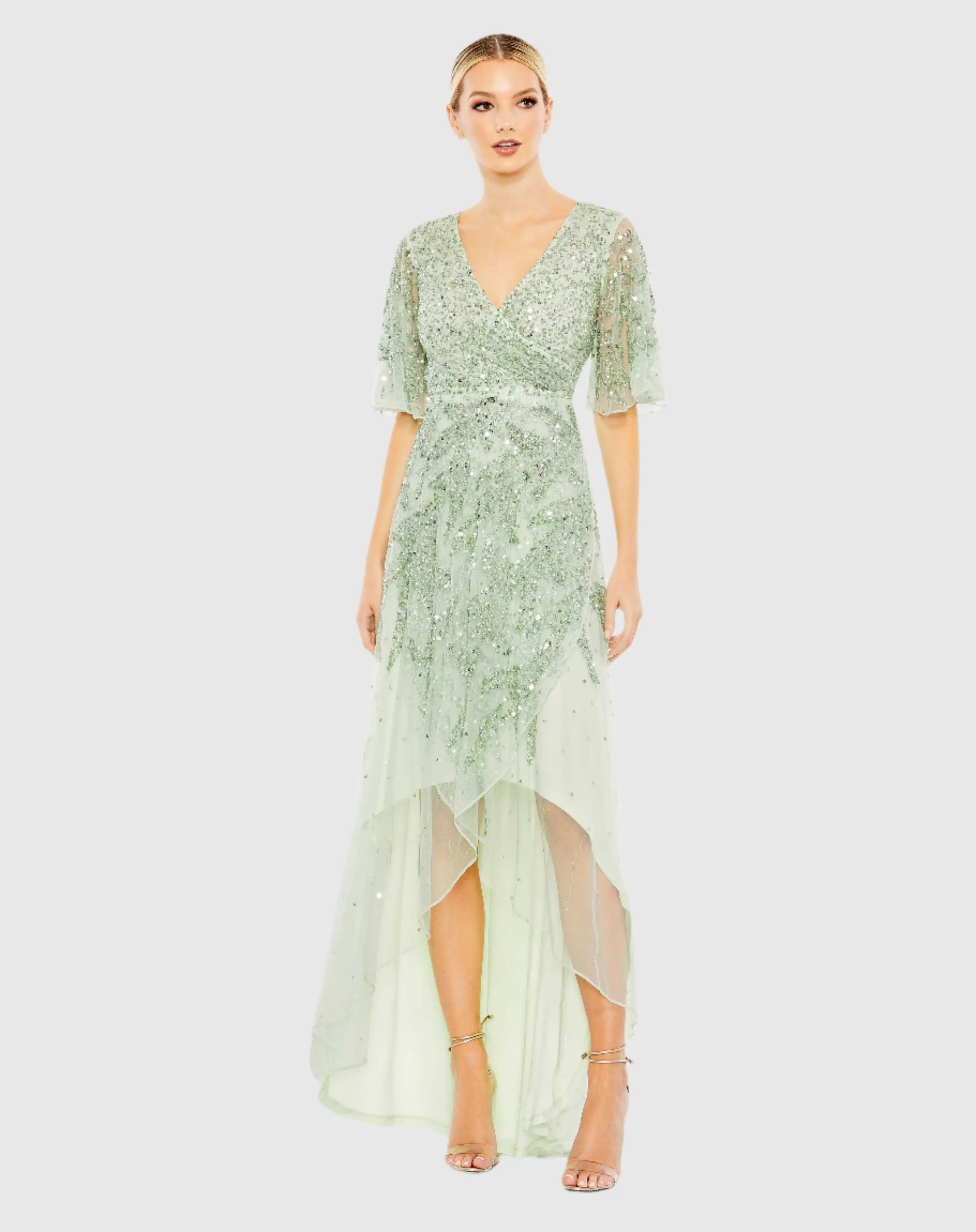 Green Sequined Butterfly Sleeve High Low Gown - Mac Duggal | Mac Duggal