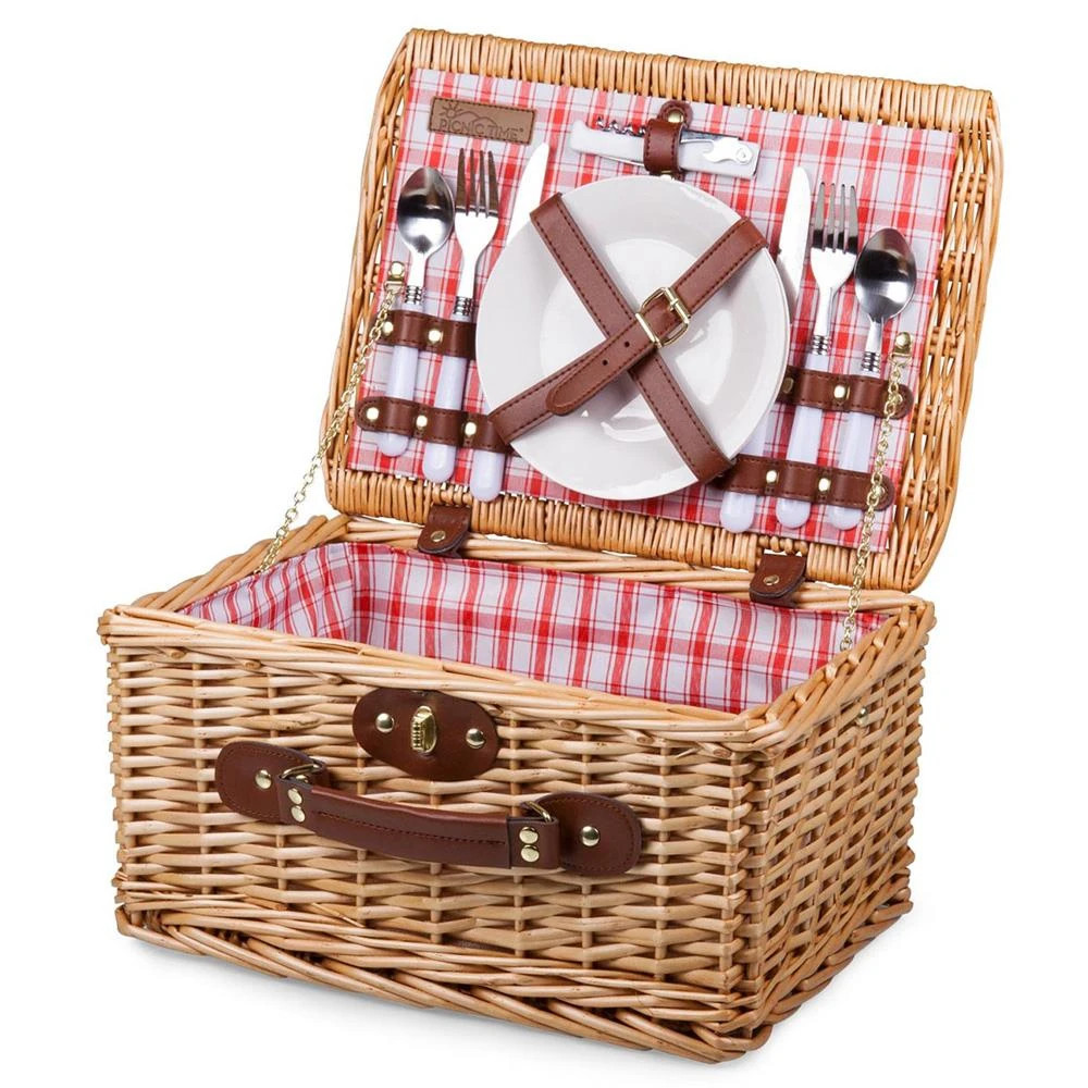 Celena Coastal Brown Willow Red Plaid Picnic Basket with Serverware for 2 | Kathy Kuo Home