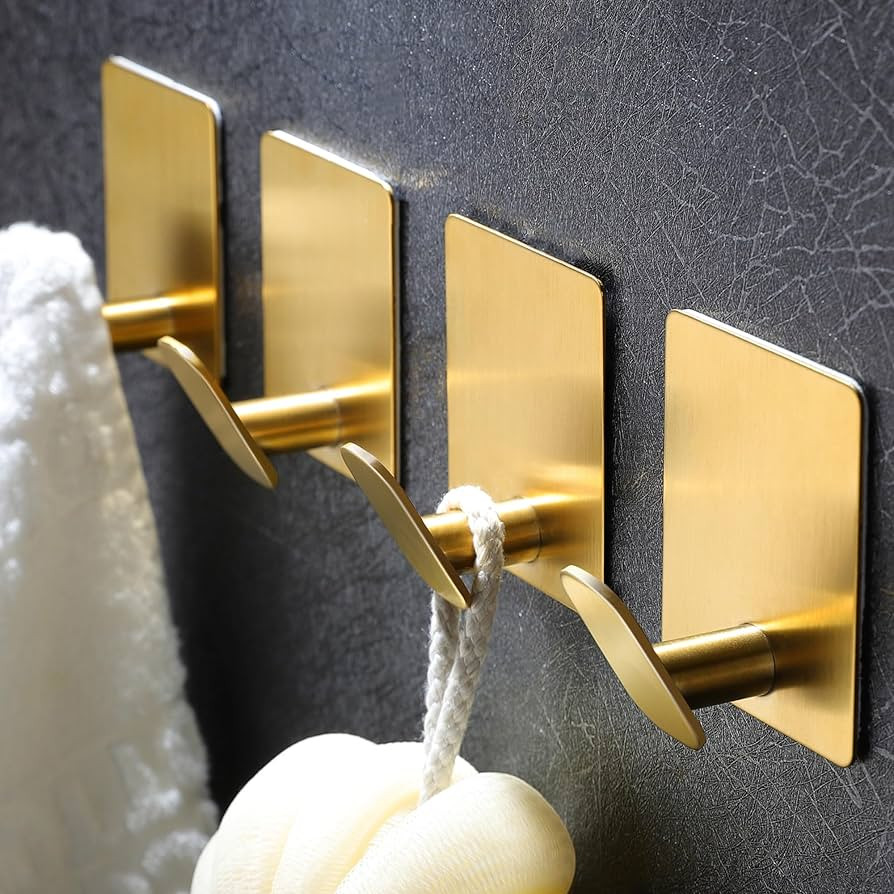 DELITON Adhesive Towel Hooks Gold - 4 Pack Towel Hook for Coat Robe Stick on Bathroom Wall Brushe... | Amazon (US)
