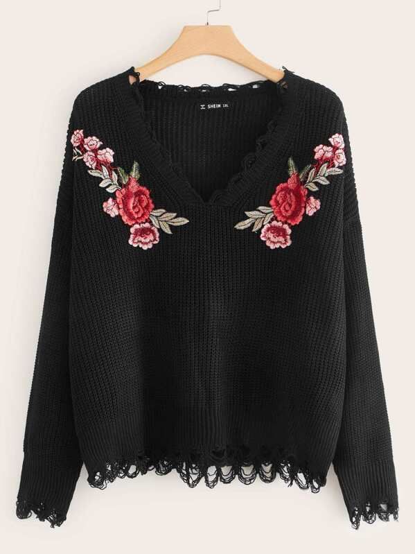 Plus Embroidered Floral Frayed Trim Jumper | SHEIN