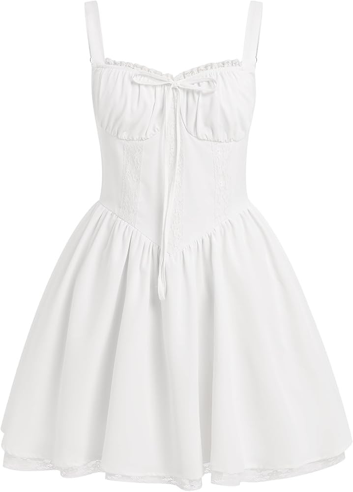 ABAFIP Women's Corset Mini Dress Spaghetti Straps Backless Lace up Low Cut Ruffle Short Dress Sun... | Amazon (US)