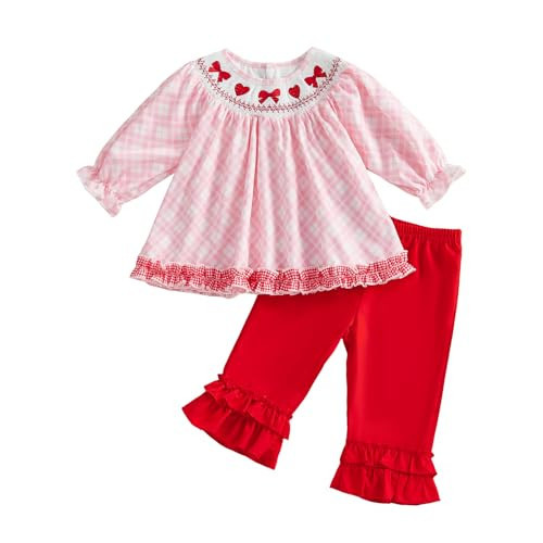 BemeyourBBs Toddler Girl Valentines Outfits Baby Girl Long Sleeve Shirts Tunic Top and Ruffle Pants Set Cute Infant Clothes (Smocked Bow Heart Red, 0-6 Months) | Amazon (US)