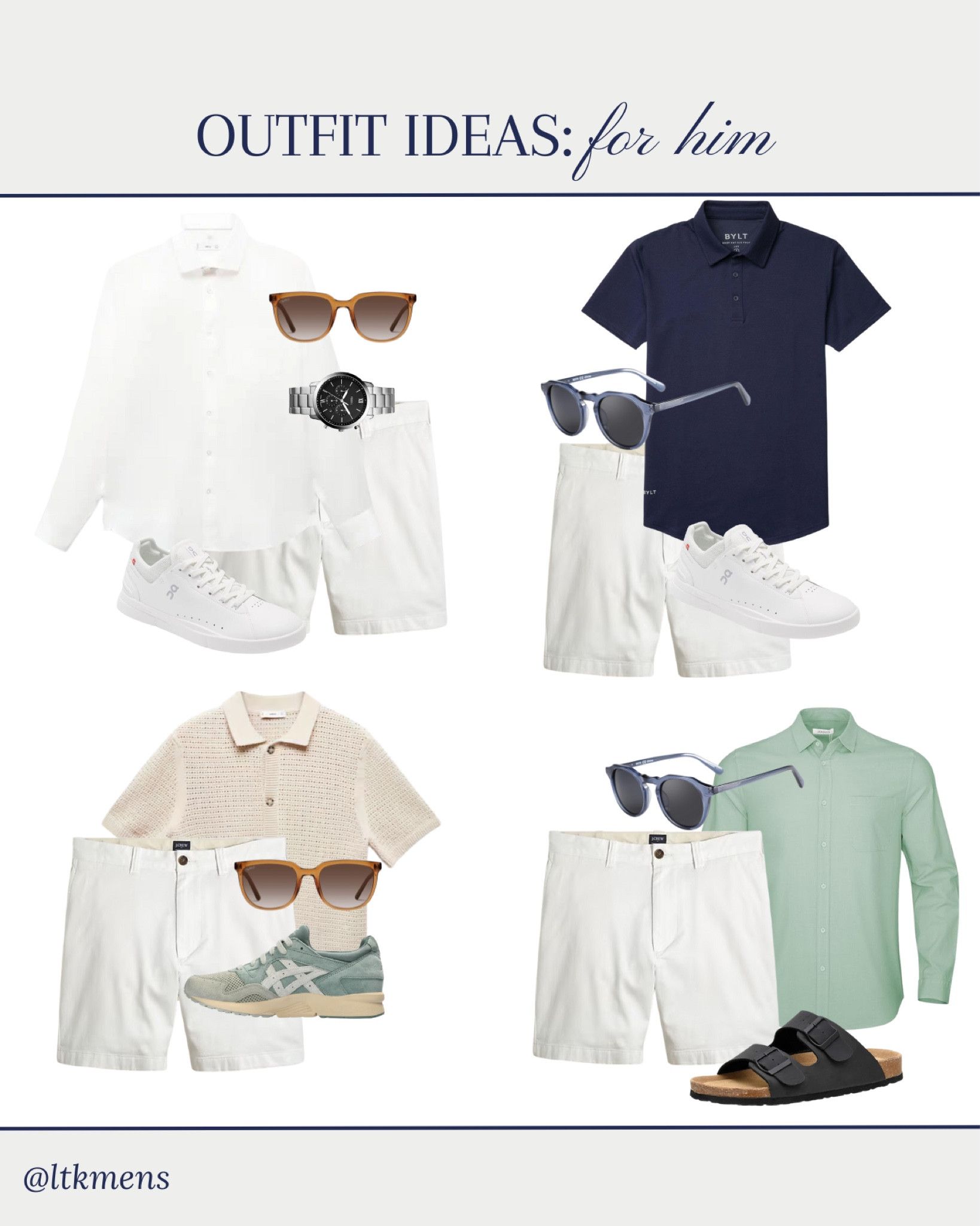 Four ways to style white shorts for men 

Top Size L 
Bottoms size L 

Summer capsule wardrobe for men, travel outfit, europe outfits, outfits for him, guys outfits, shorts outfit, 

#liketkit #LTKfit #LTKunder50 #LTKunder100 