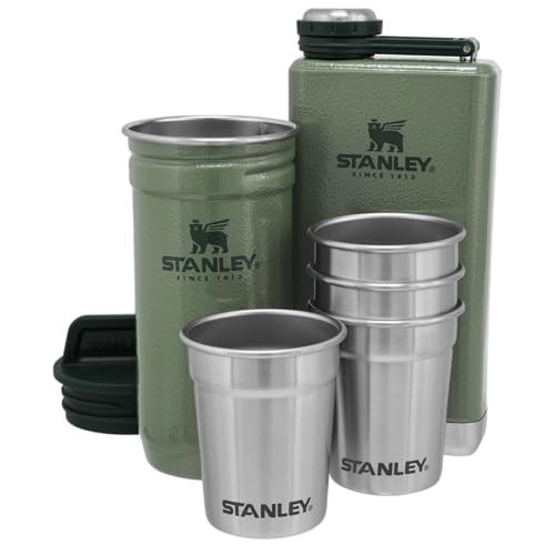 Stanley Adventure Pre-Party and Nesting Shot Glass Set | 8 oz Leakproof Hip Flask | 4 Shot Glasses in Travel Carrying Case | Insulated Stainless Steel Liquor | BPA-Free | Hammertone Green | Amazon (US)