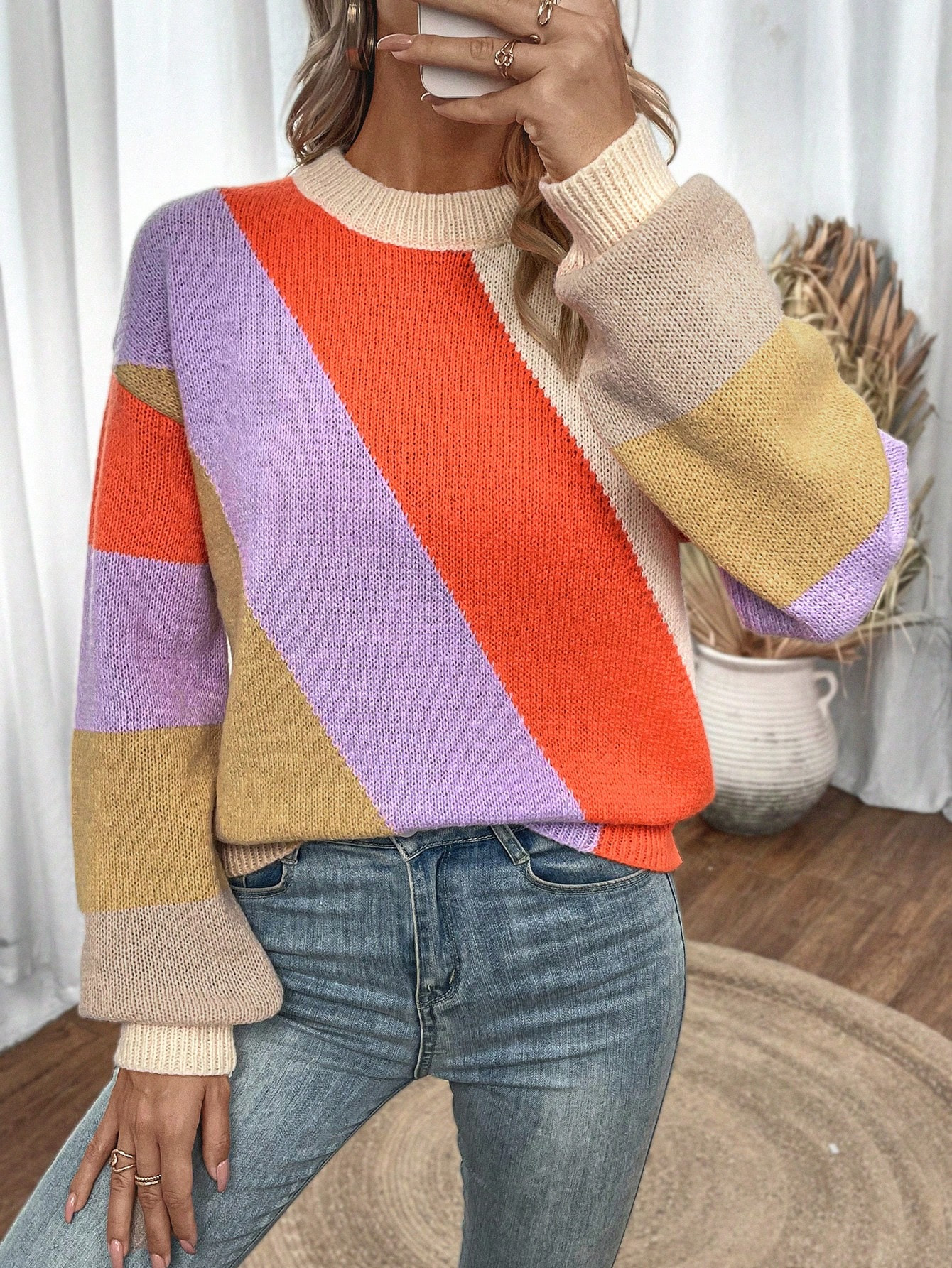 SHEIN LUNE Color Block Drop Shoulder Sweater | SHEIN