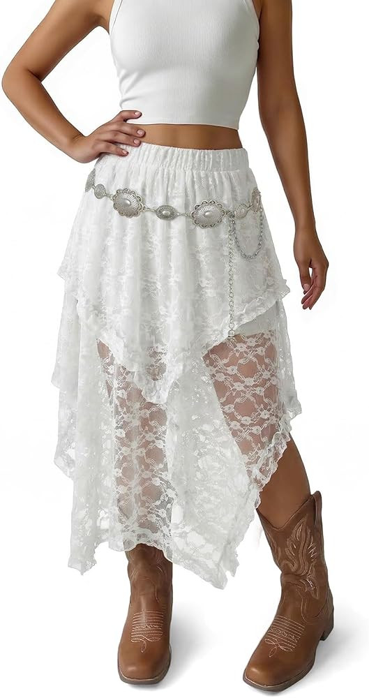 Women's Lace Long Skirts Elastic Western Skirt Asymmetrical Layered Hem Flowy Boho Skirt See-Thro... | Amazon (US)
