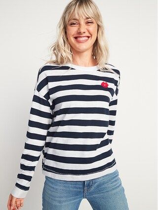 Loose Thick-Knit Striped Embroidered Graphic Easy Long-Sleeve Tee for Women | Old Navy (US)