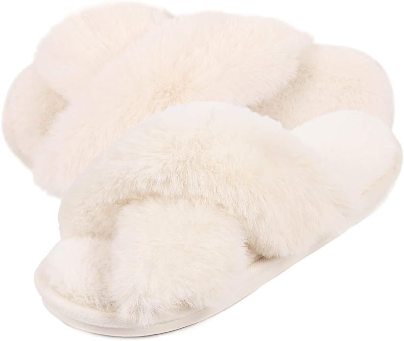 Women Fuzzy House Slippers : Fluffy Open Toe House Shoes - Plush Indoor Outdoor Soft Slides - Cro... | Amazon (US)