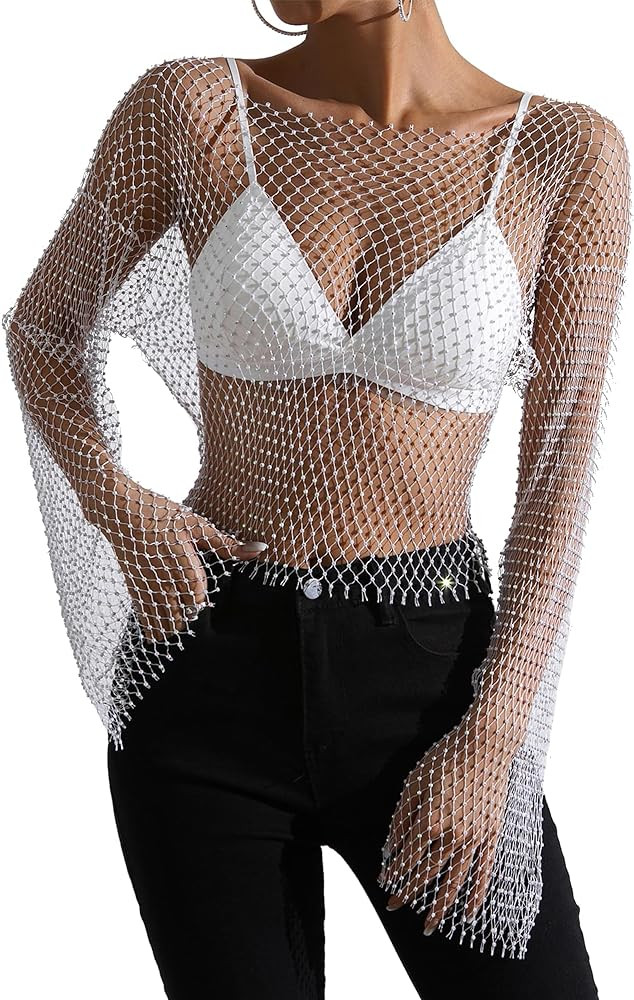 ELLEVEN Rhinestone Crystal Crop Top, Long Sleeve Mesh Body Chains See Through Cover up Sparkly Gl... | Amazon (US)