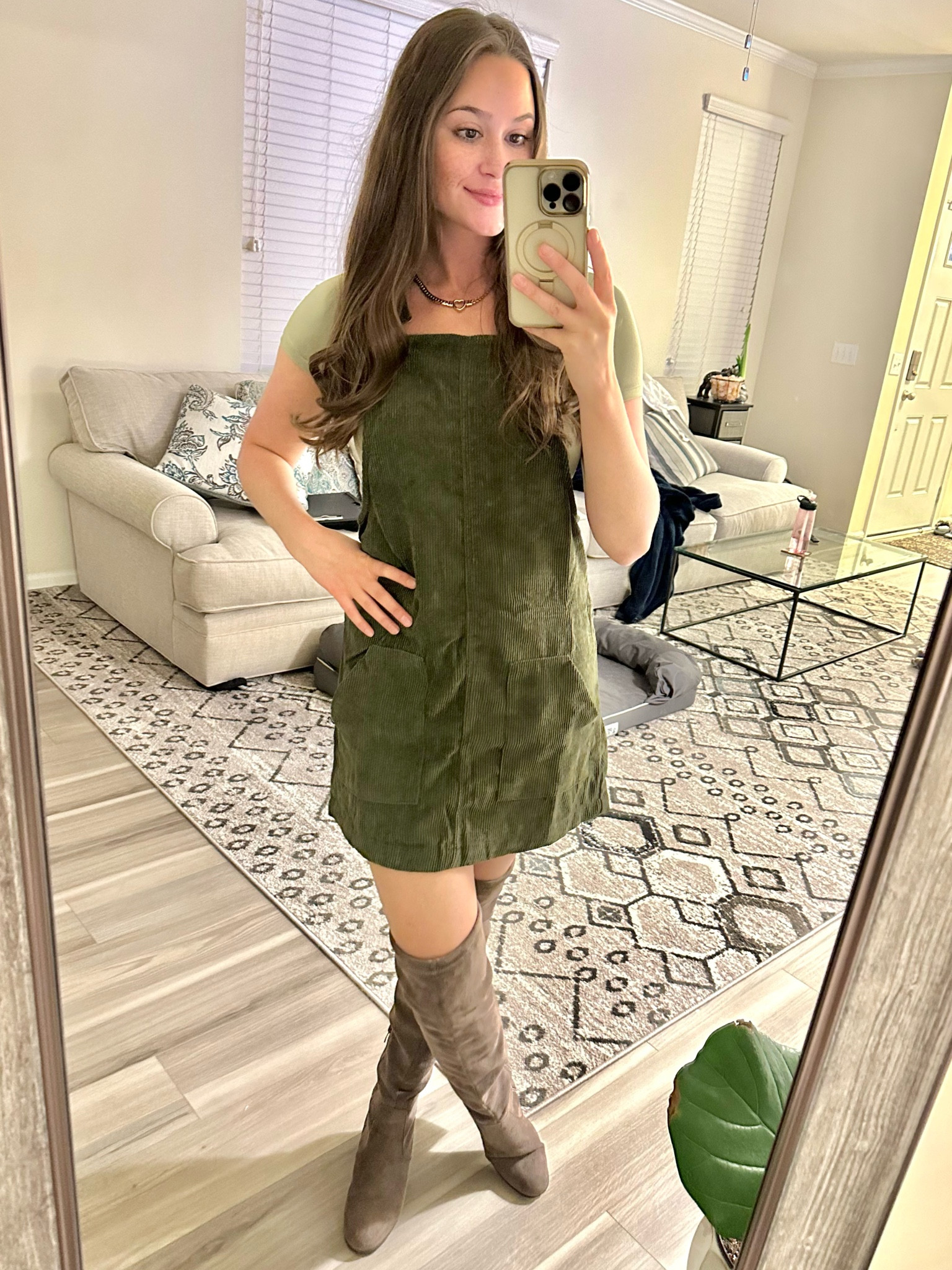 Fun fact, I bought the heart #necklace on an Instagram ad for $35. Just found it on #amazon for $11 and linked for you 🤦🏻‍♀️. I even checked for a dupe when I first ordered… whoops! 

This is the best outfit to look cute and go eat a lot of pizza 🍕. Highly recommend an overall dress! 

#jumper #playsuit #pinafore #otkboots #falloutfit #thanksgiving 

#LTKSeasonal #LTKfindsunder50 #LTKshoecrush