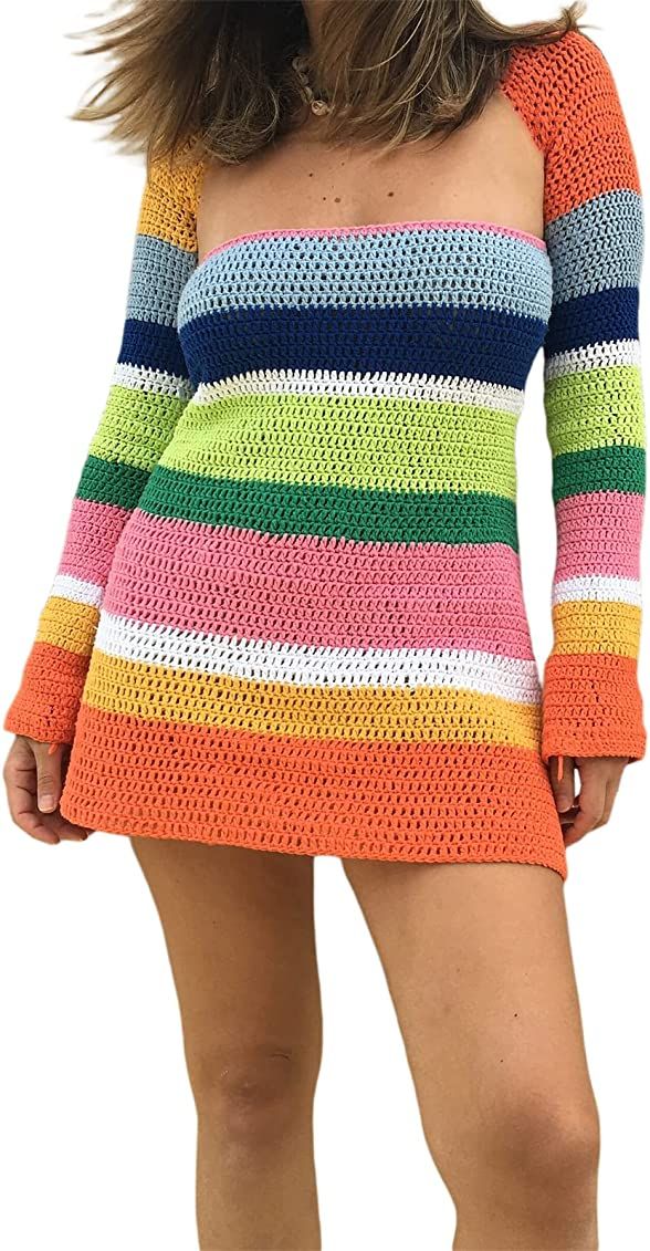 Sexy Halter Neck Bodycon Dress for Women Y2K Knitted Mini Dress V Neck Backless Short Dress E Girl S | Amazon (US)