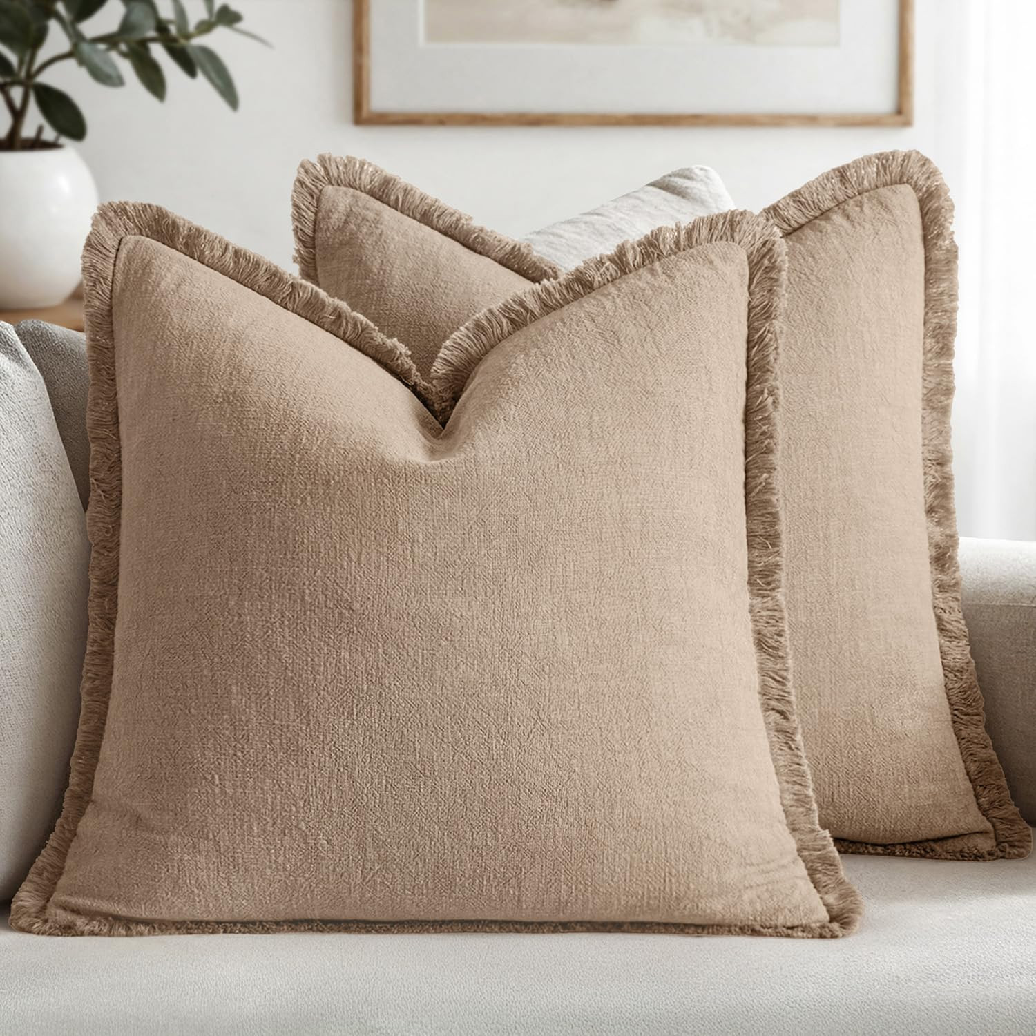 MIULEE Decorative Throw Pillow Covers Neutral Linen Fringe Throw Pillows Set of 2 Camel Boho Farm... | Amazon (US)