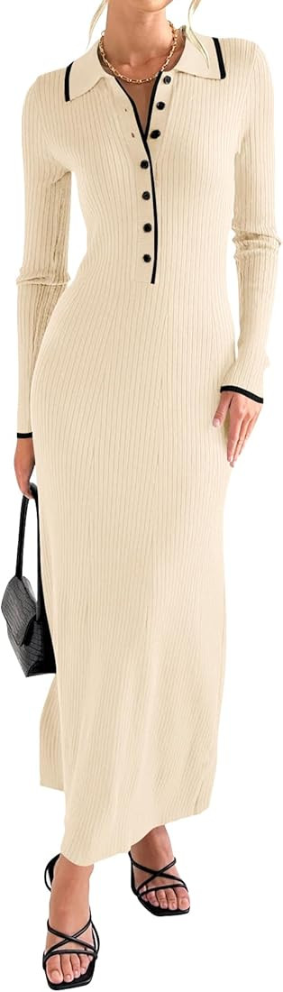 Langwyqu Womens Knit Long Sweater Dress Button V Neck Collared Long Sleeve Ribbed Bodycon Pullove... | Amazon (US)
