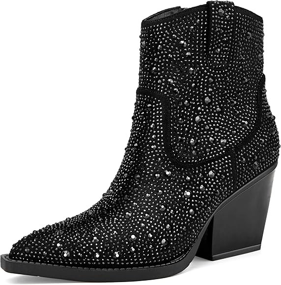 OOHRHN Women's Color Rhinestone Boots Glitter Sparkly Cowboy Booties Chunky Block Heel Pearl Detail  | Amazon (US)